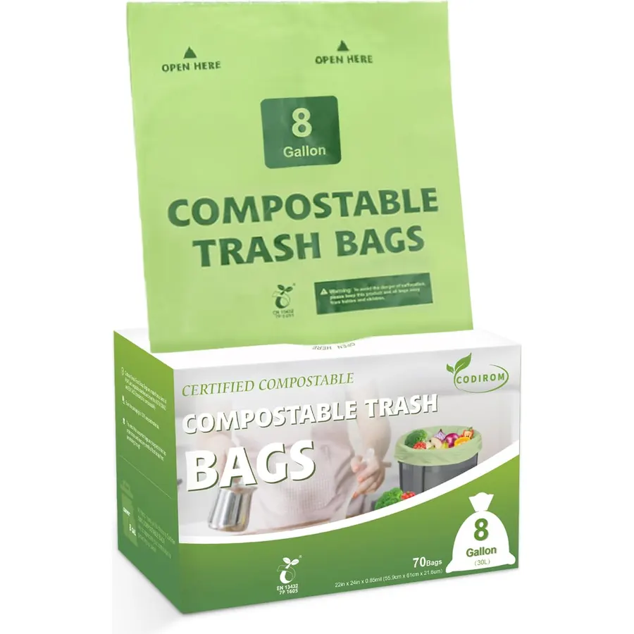 100% Compostable Trash Bags, 8 Gallon, 30 Liter, 0.85 Mils, 70 Count Large Kitchen Food Scrap Compost Bags for Kitchen Step Trash Cans with Europe EN13432 Certified