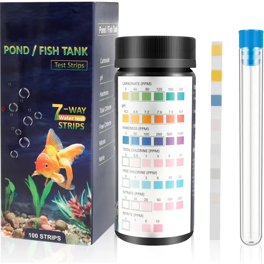 100Pcs Aquarium Test Strips, Water Testing Strips for Carbonate Root 7 in 1 Fish Tank Test Kit pH Hardness Total Chlorine Free Chlorine Nitrate Nitrite with Test Tube Fast Accurate Aquarium