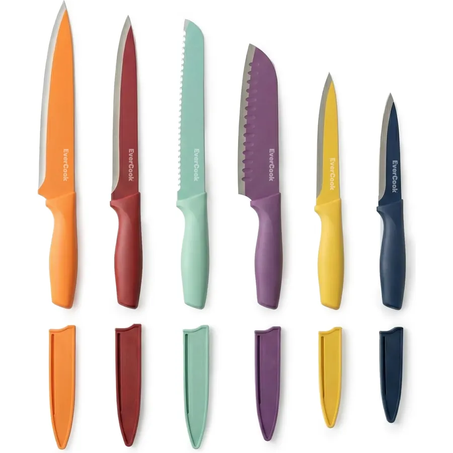 Cuisinart C55-12PCKSAM 12-Piece Ceramic Coated Stainless Steel Knives with 6 Blade Guards, Color Coded