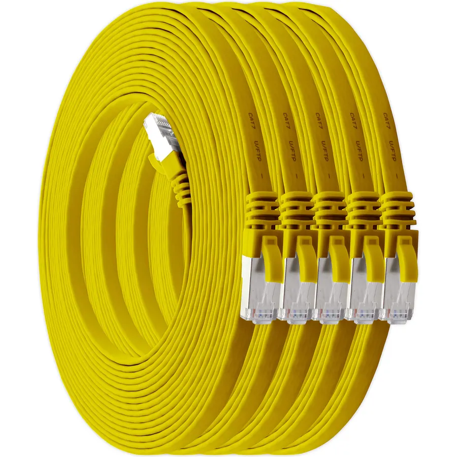 1aTTack.de 3m - Yellow - 5 Pieces CAT.7 Ethernet Gigabit LAN Cable (HIGH Speed Flat Networkcable) 600 MHz, 10000 Mbit/s, Slim, patchkabel (compatibel with CAT5 CAT5e CAT6 CAT6a Cat8) Ribbon