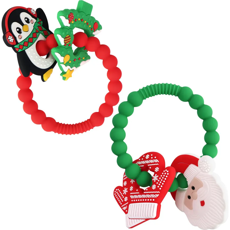2 PCS Christmas Teething Ring Toys, Silicone Baby Xmas Tree Teether