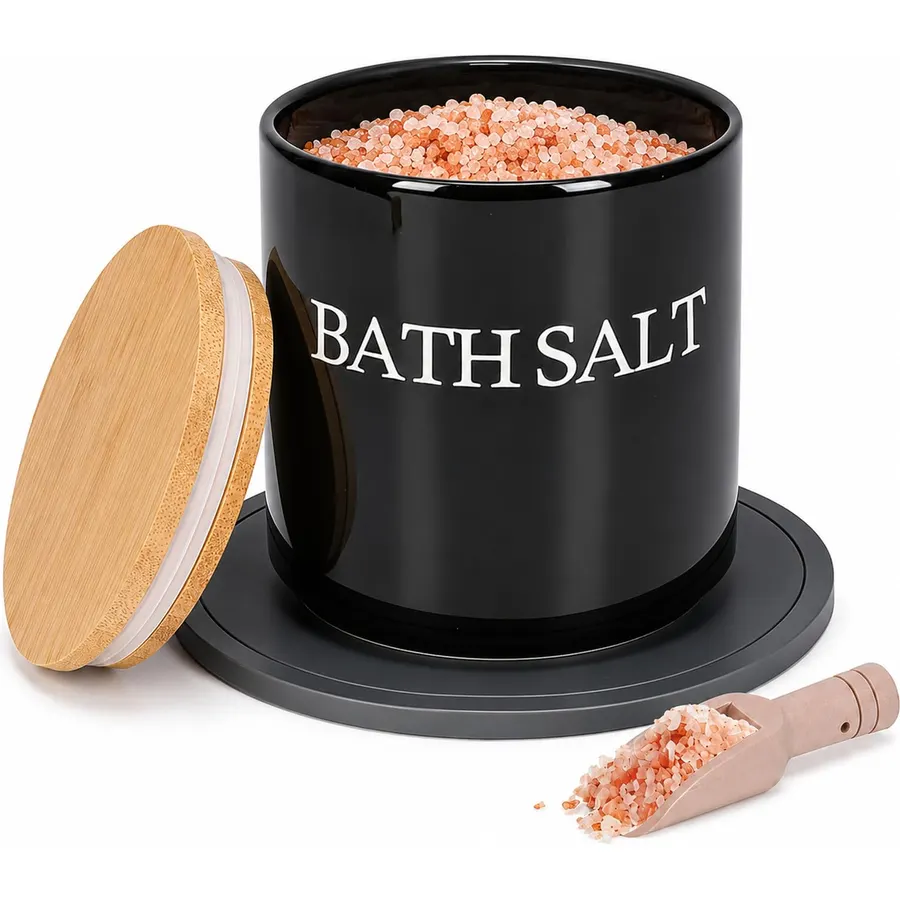 29oz Airtight Ceramic Bath Salt Jar Set - with Wooden Lid, Scoop & Anti-Slip Mat, Opaque Bathroom Storage Organization for Epsom Salt, Spa & Bath Bombs, Black-S