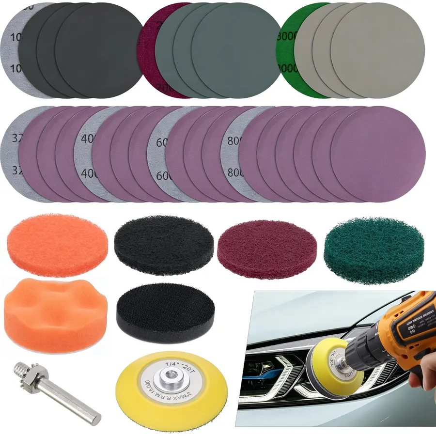 38PCS Car Headlight Restoration Kit, Professional 3 Inch Headlight Polishing Kit, Universal Sanding Disc Scouring Pad Polishing Pad for Drill, Suitable for Cars, Trucks, SUVs, Motorcycles