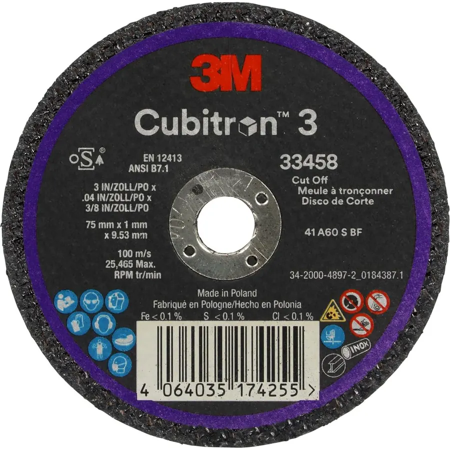 3M Cubitron 3 Cut-Off Wheel, 75mm x 1mm x 9.53mm, 33458