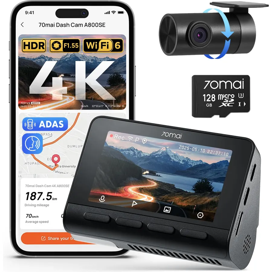 70mai 4K Dash Cam Front and Rear, Built in Wi-Fi 6 & GPS Car Camera, Super Night Vision, ADAS, 24H Parking Mode, Time-Lapse, Loop Recording, with 128GB Card (A800SE)