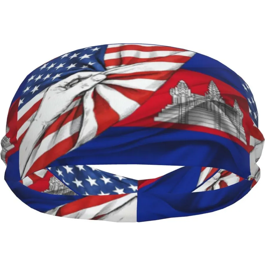 America and Cambodia Cambodian Vintage Flag Sports Sweatband for Women & Men Moisture-Wicking Headband & Wristbands for Running Yoga Gym Tennis & Basketball for Hairband Wristbands