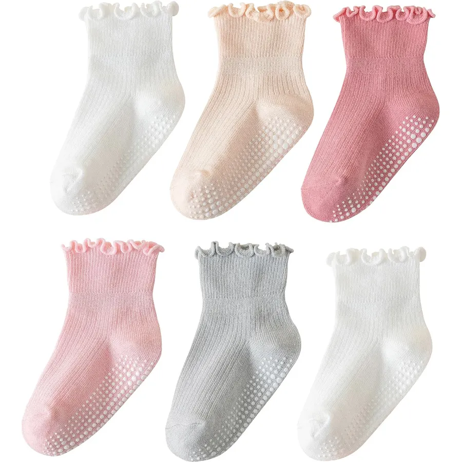 ANYANIME Toddler Socks Ruffle for Girls Baby Grip Socks Non Slip Cute Frill