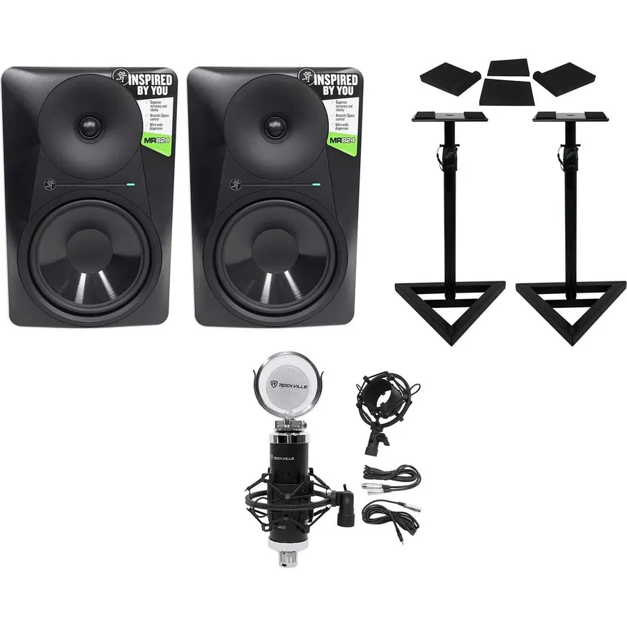 Audiosavings Bundle: (2) MR824 8 170W Powered Studio Monitors Bundle with (2) Rockville Adjustable Studio Stands + (2) Foam Pads, 10.35" x 13" + Condenser Mic w/Metal Shock Mount (7 Items)