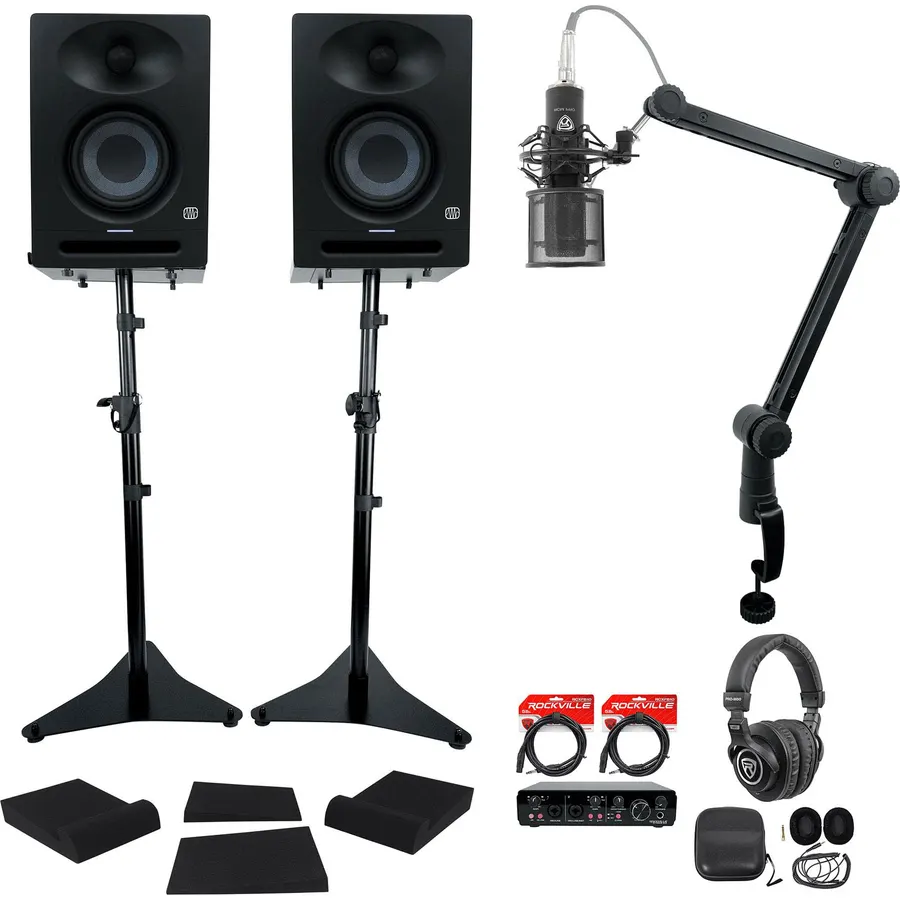 Audiosavings Bundle: (2) Presonus Eris Studio 4 Powered Active 4" Studio Monitor Speaker Bundle with (2) Rockville RCXFB10B 10' Cable & Rockville R-TRACK 2x2 USB Computer Recording Interface (5 Items)