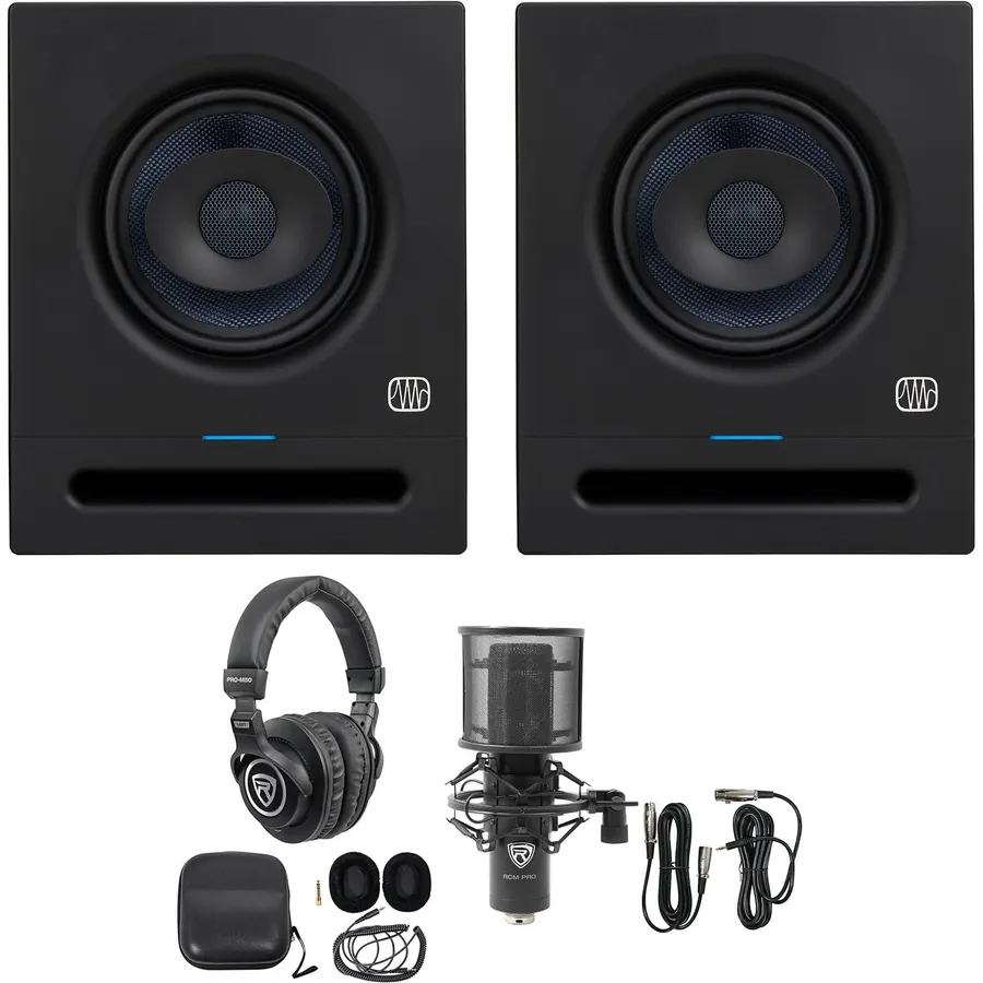 Audiosavings Bundle: (2) Presonus Eris Pro 6 Powered 6" Coaxial Studio Speaker Bundle with (1) Rockville PRO-M50 Studio Headphones & (1) Rockville RCM PRO Studio/Recording Microphone (4 Items)