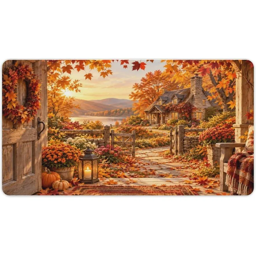 Autumn Cottage Garden Doorway Sunset View Rubber Desk Mat Mouse Pad with Stitched Edges for Office and Gaming