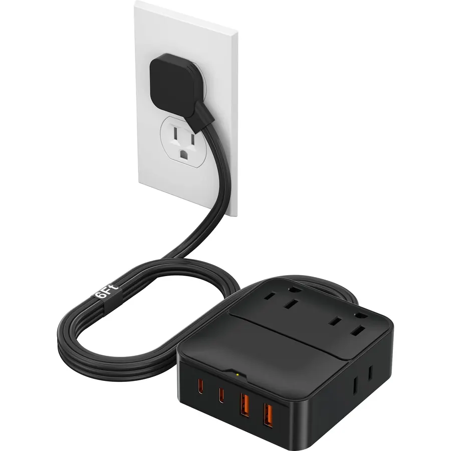 Flat Plug Power Strip with USB Ports - 4 AC & 4 USB Ports (20W), 6Ft Extension Cord with Multiple Outlets, Fast USB Charging Station for Travel Office Dorm Room (Black)