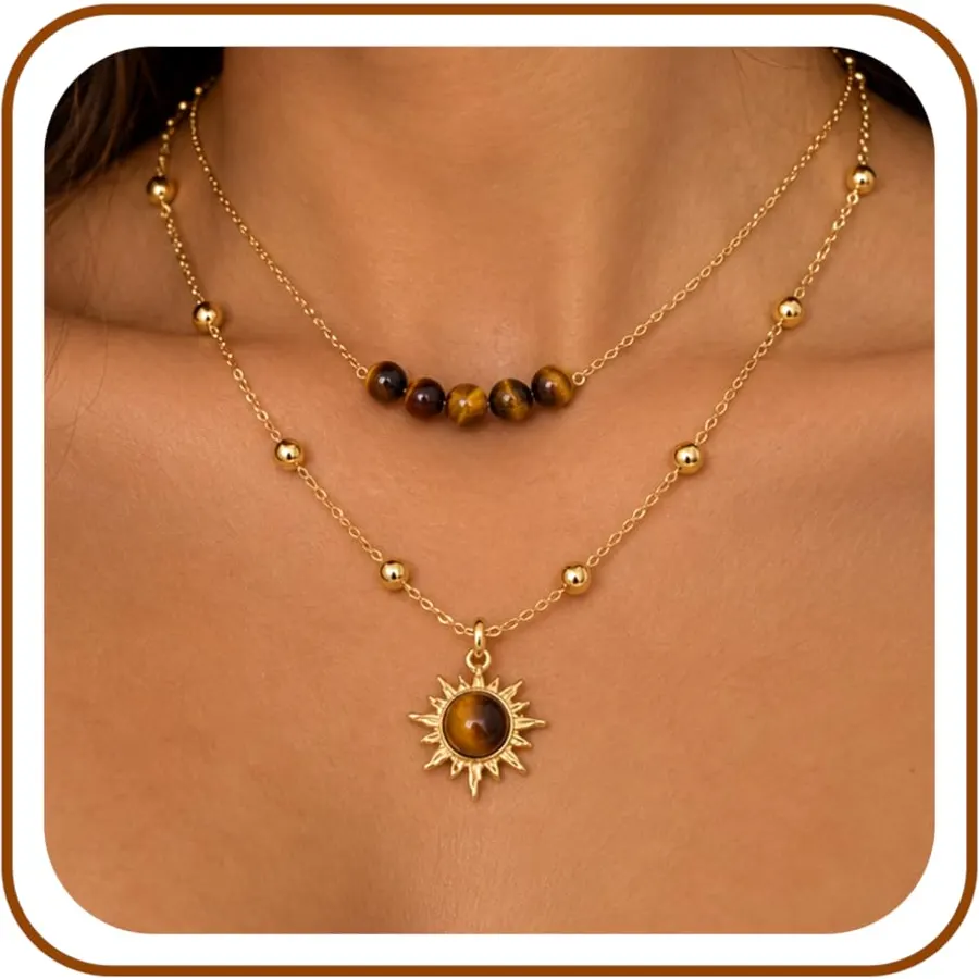 Gold Layered Beaded Tigers Eye Sun Pendant Necklace for Women