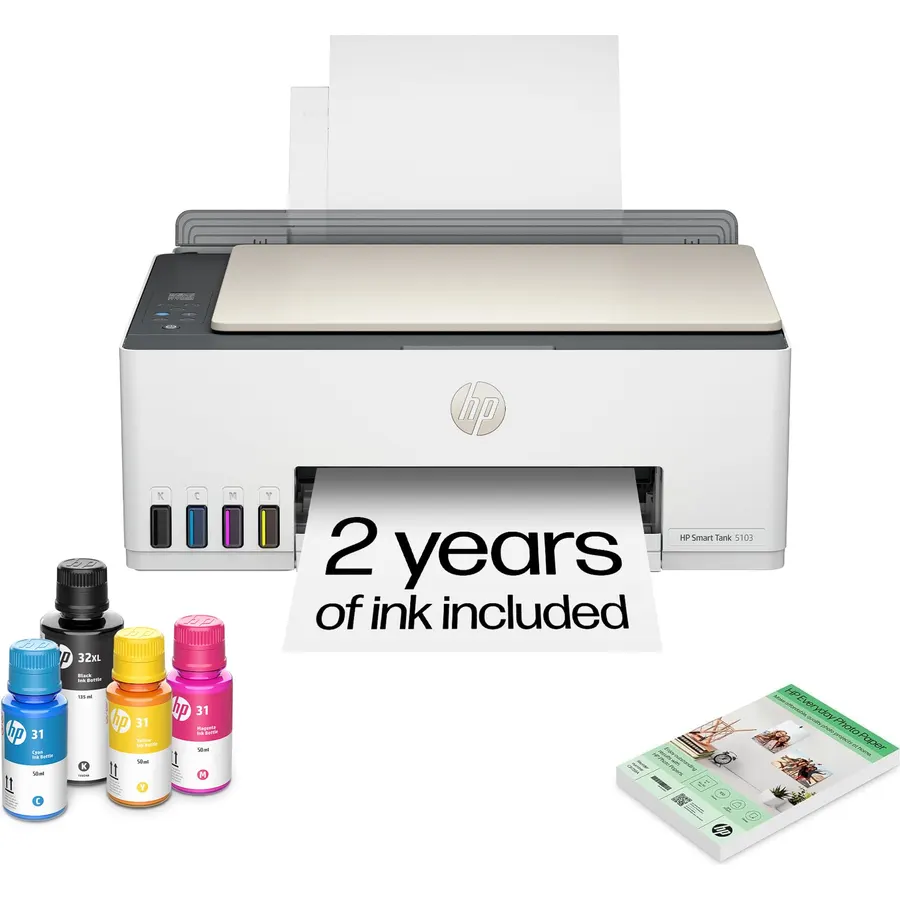 HP Smart Tank 5103 Wireless All-in-One Ink Tank Printer, Scanner,2 Years of Ink, 100 Sheets of Photo Paper Included, Cartridge-Free, Refillable, AI-Enabled (5D1B2A)