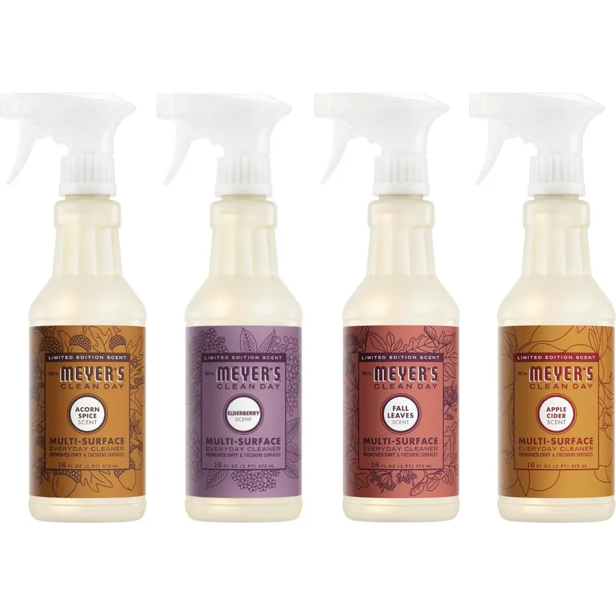 Mrs. MEYER'S Fall Scent Multi-Surface Cleaner, 1 Acorn Spice, 1 Apple Cider, 1 Fall Leaves, 1 Elderberry, 16 FL OZ Each, 4 CT (Variety Pack)