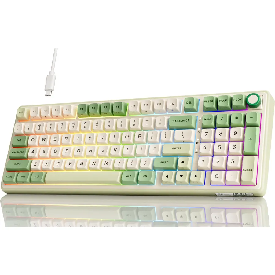 RK ROYAL KLUDGE R98 Pro Wired Mechanical Keyboard, 96% Creamy Gaming Keyboard RGB Backlit with Number Pad and Knob, Gasket Mount, MDA Profile PBT Keycaps, Hot Swappable Pre-lubed Tactile Switch, Green