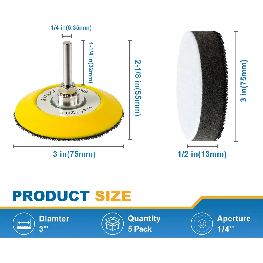 S SATC 3 Inch Hook and Loop Sanding Pad for Sanding Disc with 1/4 Inches Drill Sanding Attachment and Foam Sanding Pads for Polish Wood Metal Glass, 5 Packs